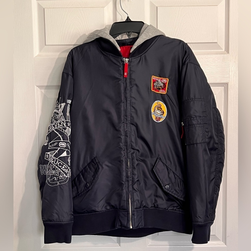 Ecko Unlimited men’s hooded bomber jacket. Blue size XL.